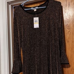 Michael Kors Metallic Glitter Gold Lurex Stripe Flounce Hem Dress, size M